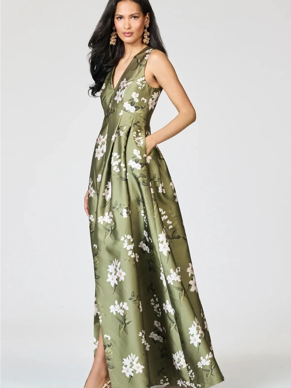 Sachin & Babi Sz 4 Moss Formosa Olive Green Floral V-Neck Maxi Dress Brooke Gown - Picture 3 of 4